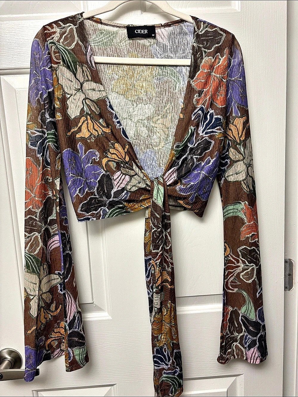 CIDER Floral Tie-Front Crop Top in Brown & Purple Medium